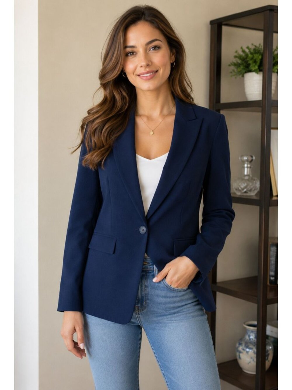 Ann Taylor Navy Single-Button Slightly Stretch Blazer Sz 10